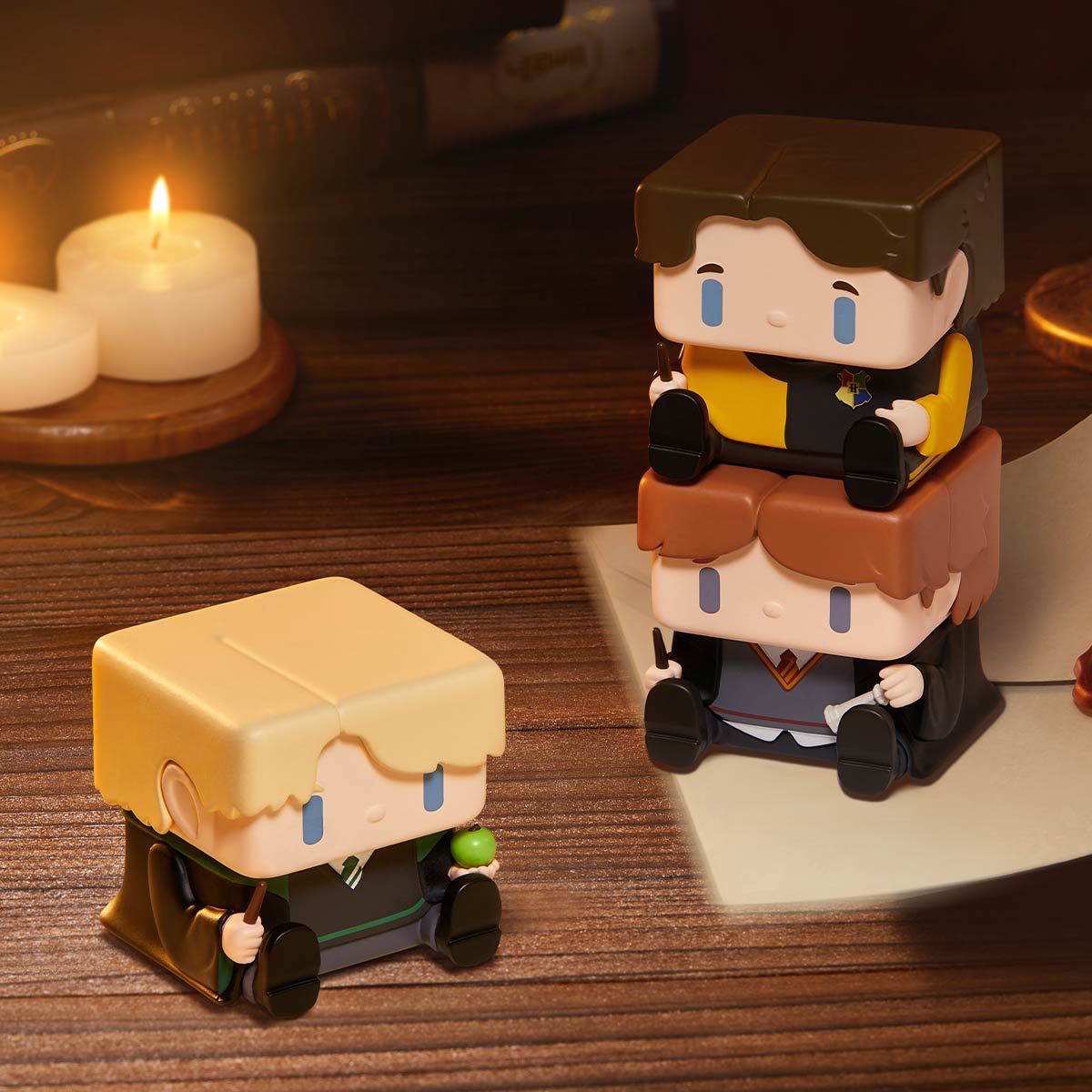Pop Mart POP CUBE-2 Series figures featuring Draco Malfoy, Ron Weasley, and Cedric Diggory