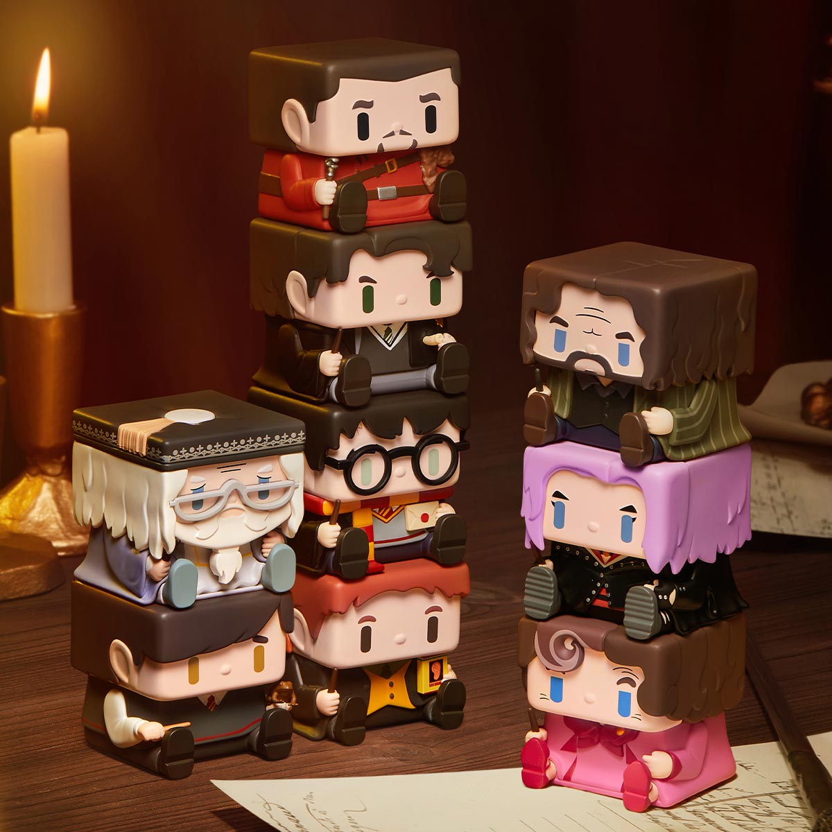 Full lineup of Pop Mart Harry Potter POP CUBE-1 Series featuring Harry, Dumbledore, Sirius, Umbridge, Tonks, and more