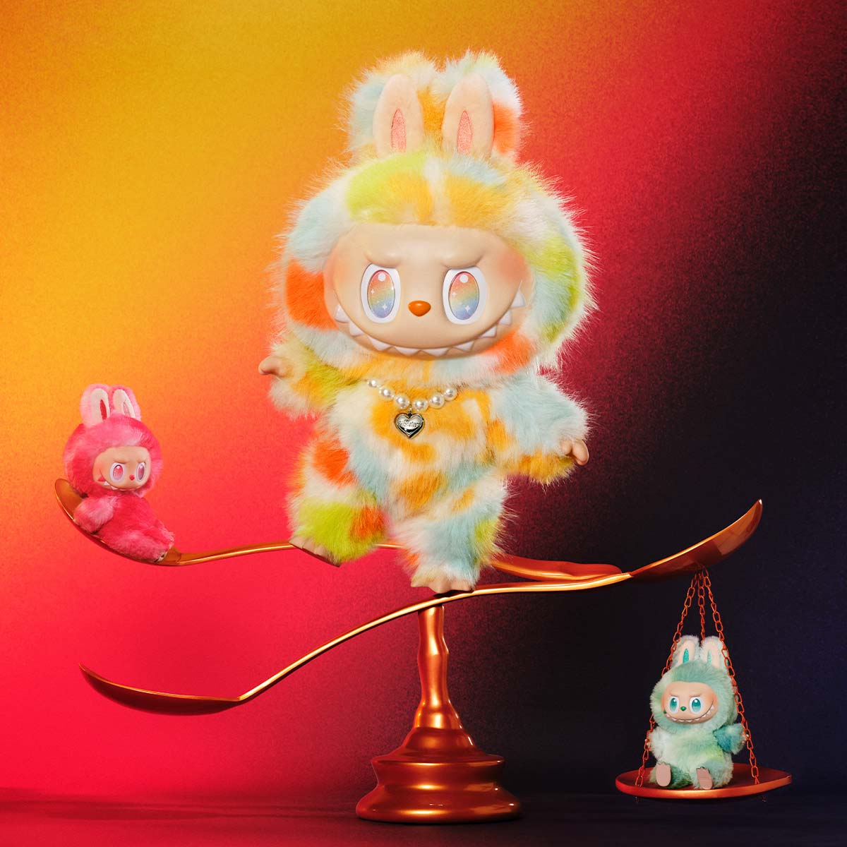 Pop Mart Labubu Rock the Universe plush doll with bunny ears displayed on golden spoon collectible design