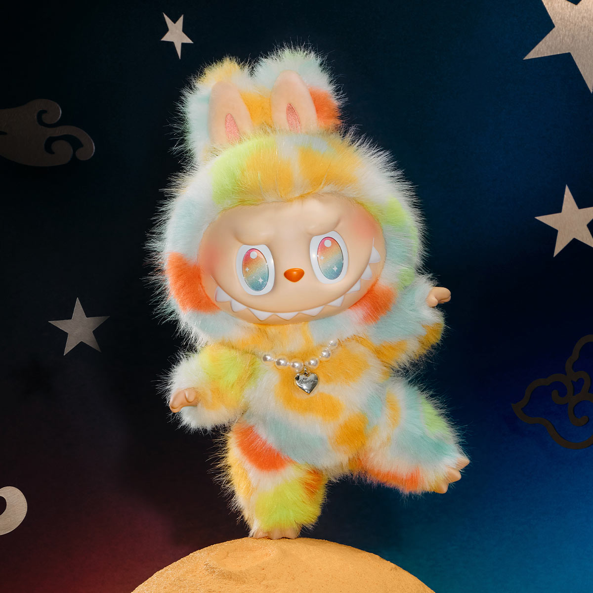 Pop Mart Labubu Rock the Universe plush doll fuzzy textured collectible with starry background