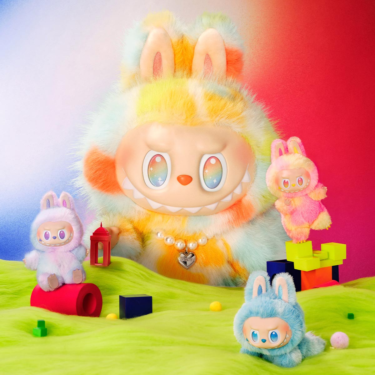 Pop Mart Labubu Rock the Universe plush dolls with bunny ears shown on colorful background
