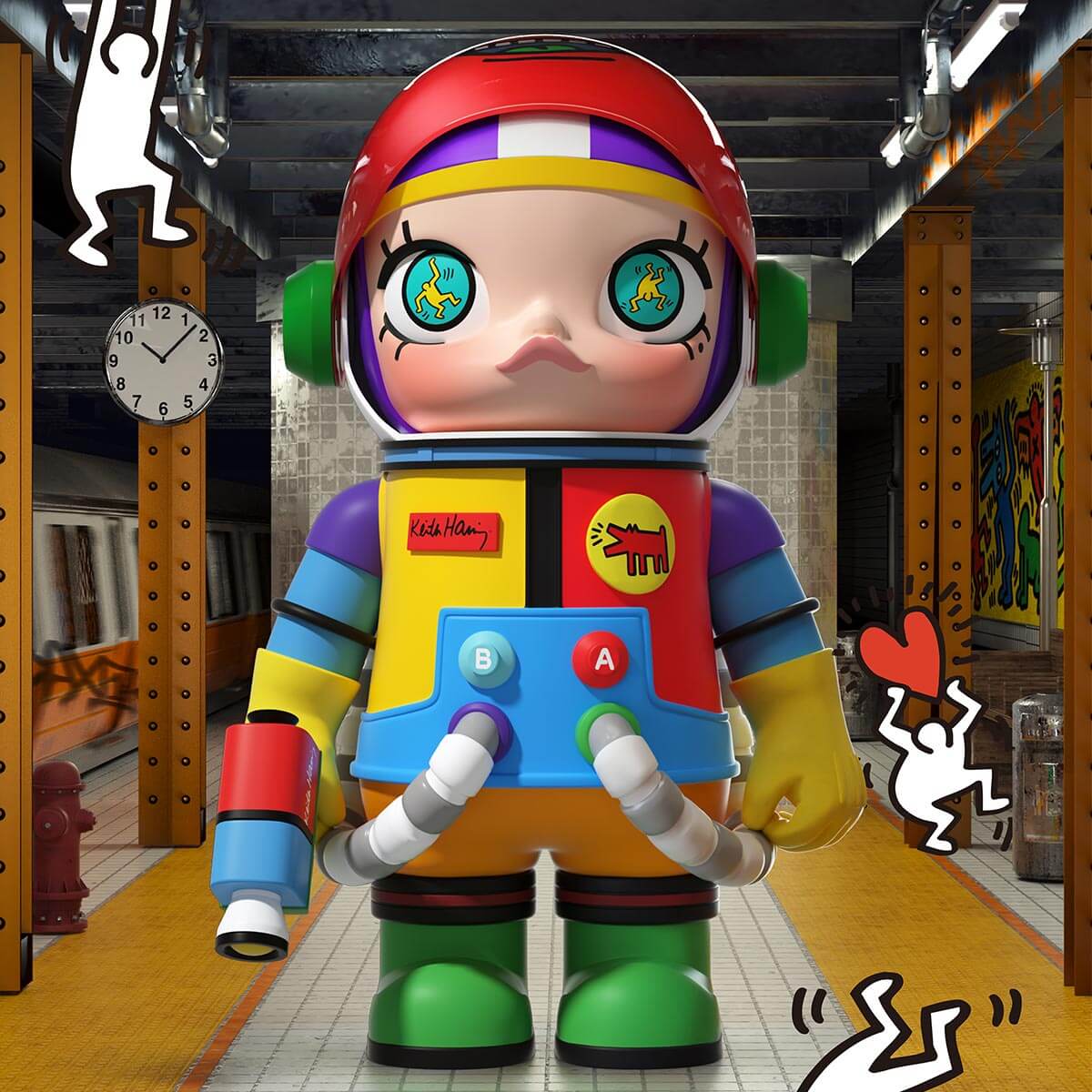Pop Mart MEGA COLLECTION 1000% SPACE MOLLY × Keith Haring showcase — colorful toy figure with a retro design in an urban setting