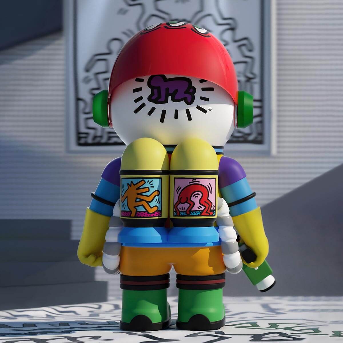 Pop Mart MEGA COLLECTION 1000% SPACE MOLLY × Keith Haring showcase — colorful toy figure with a distinctive design, standing on a patterned surface