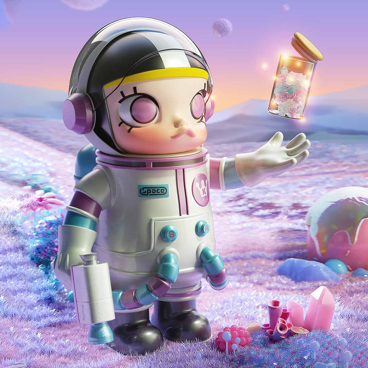 SPACE MOLLY CANDY astronaut figure in colorful fantasy scene with jar of flowers