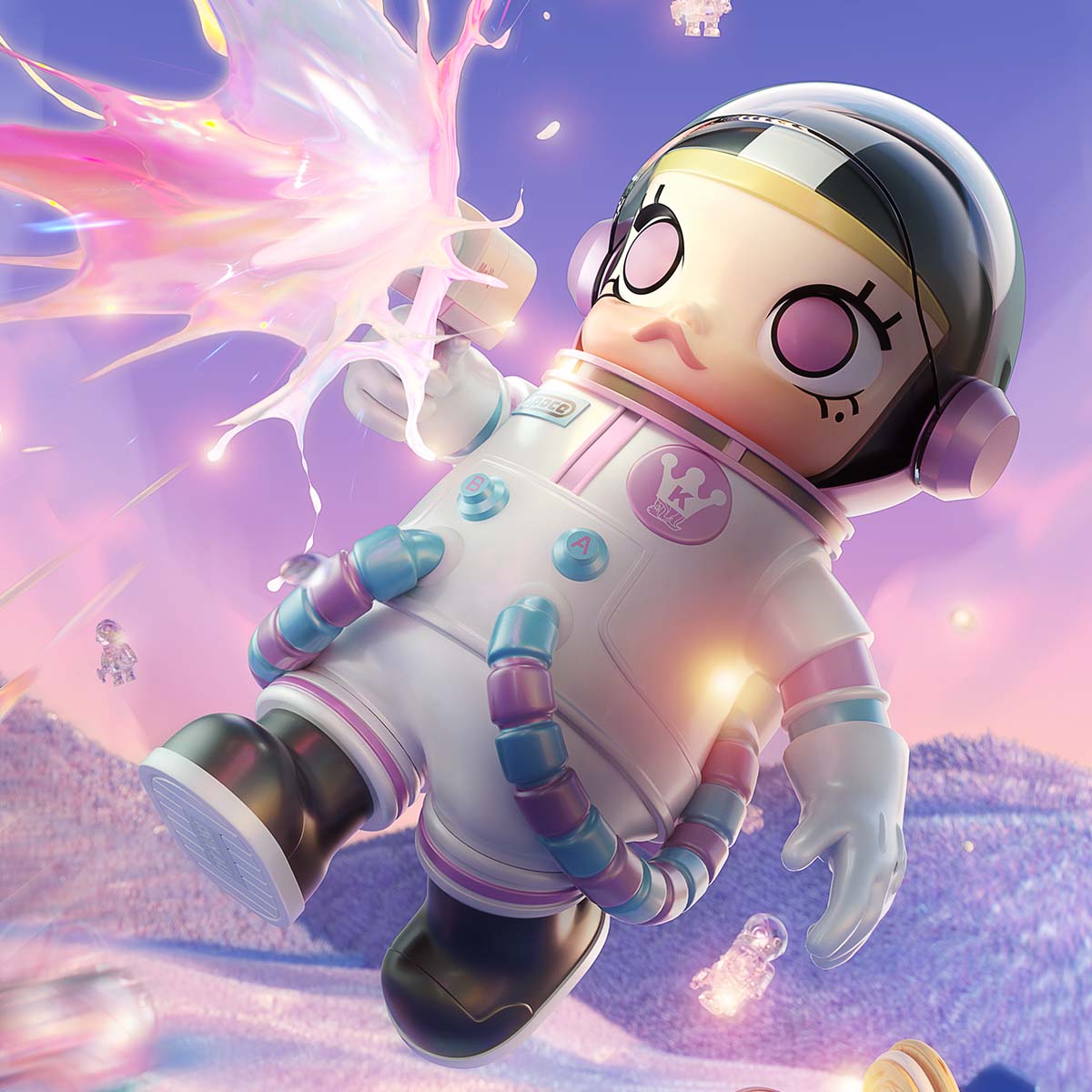 SPACE MOLLY CANDY astronaut toy with vibrant colorful background