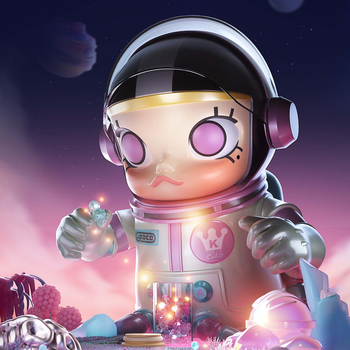 SPACE MOLLY CANDY astronaut girl figure in fantasy otherworldly landscape