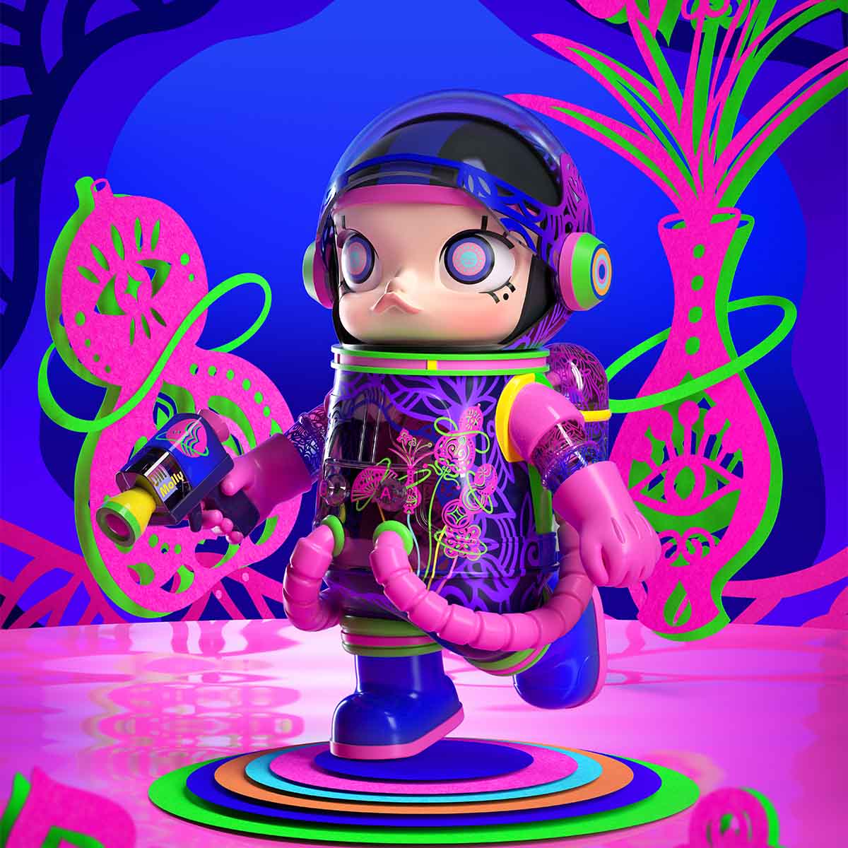 MEGA SPACE MOLLY 1000% CHEN FENWAN colorful robot toy with futuristic design against vibrant abstract background