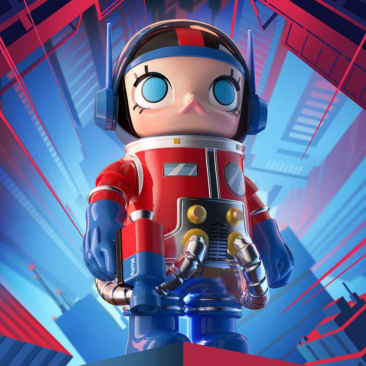 Pop Mart MEGA SPACE MOLLY 1000% Optimus Prime in red and blue robot suit with futuristic cityscape background