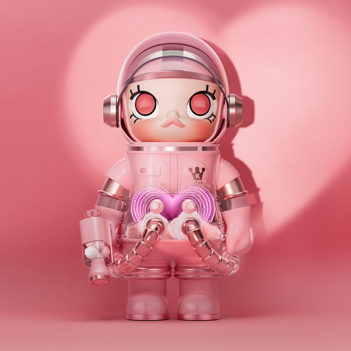 Pop Mart MEGA SPACE MOLLY 1000% Smitten Love romantic astronaut figure with heart-themed pink design display
