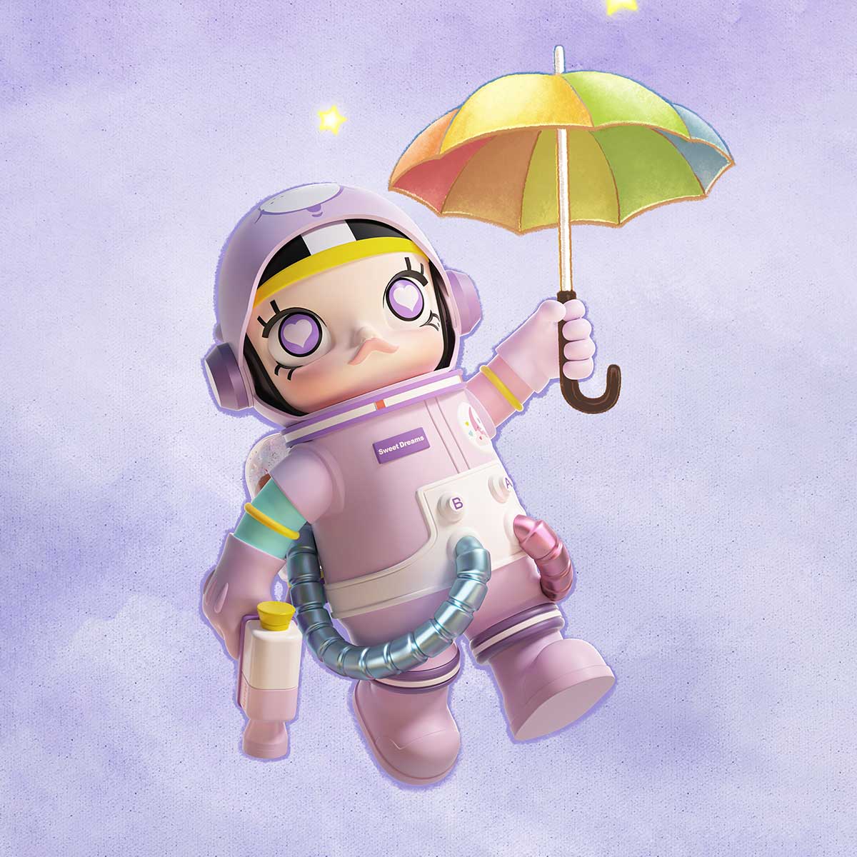 Pop Mart MEGA SPACE MOLLY 1000% Sweet Dream Bears astronaut illustration with colorful umbrella on light purple background