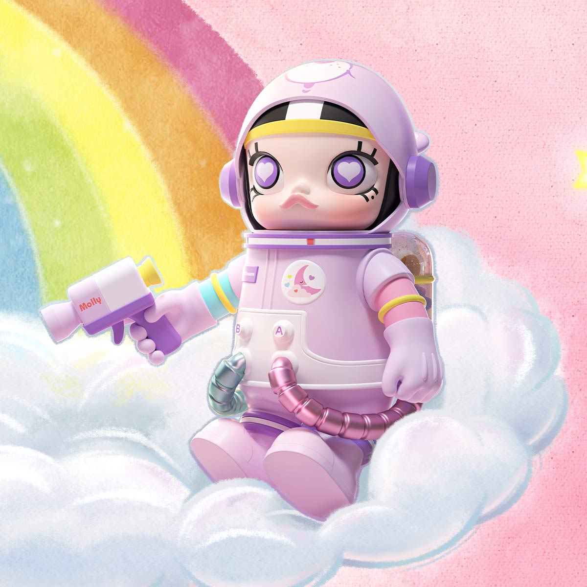 Pop Mart MEGA SPACE MOLLY 1000% Sweet Dream Bears pink astronaut toy with rainbow and cloud background