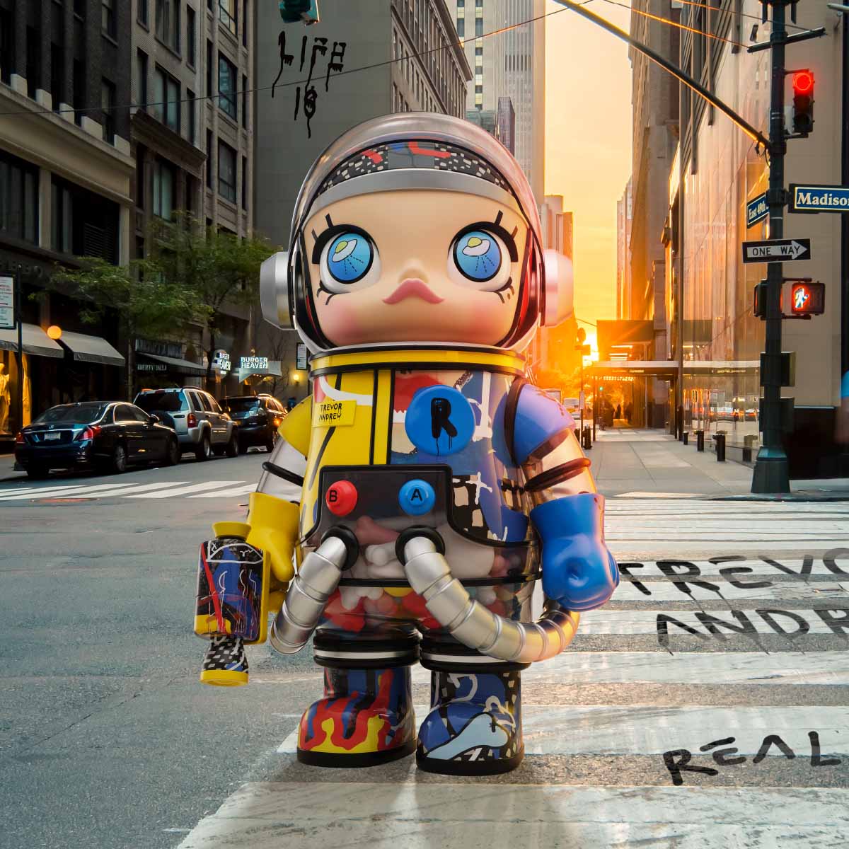 Pop Mart MEGA SPACE MOLLY 1000% Trevor Andrew colorful toy figure on a city street with buildings and traffic lights
