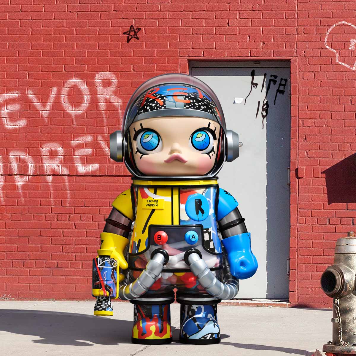 Pop Mart MEGA SPACE MOLLY 1000% Trevor Andrew colorful robot figurine in front of a red brick wall with graffiti
