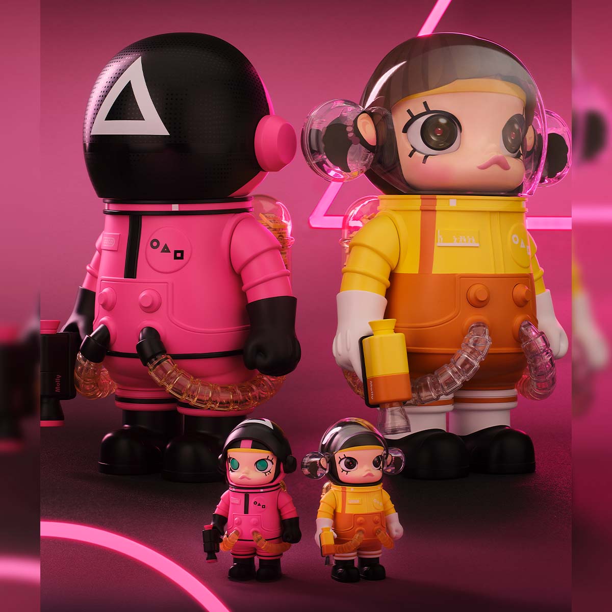 Squid Game SPACE MOLLY Young-hee and masked soldier astronaut-style figures on pink background