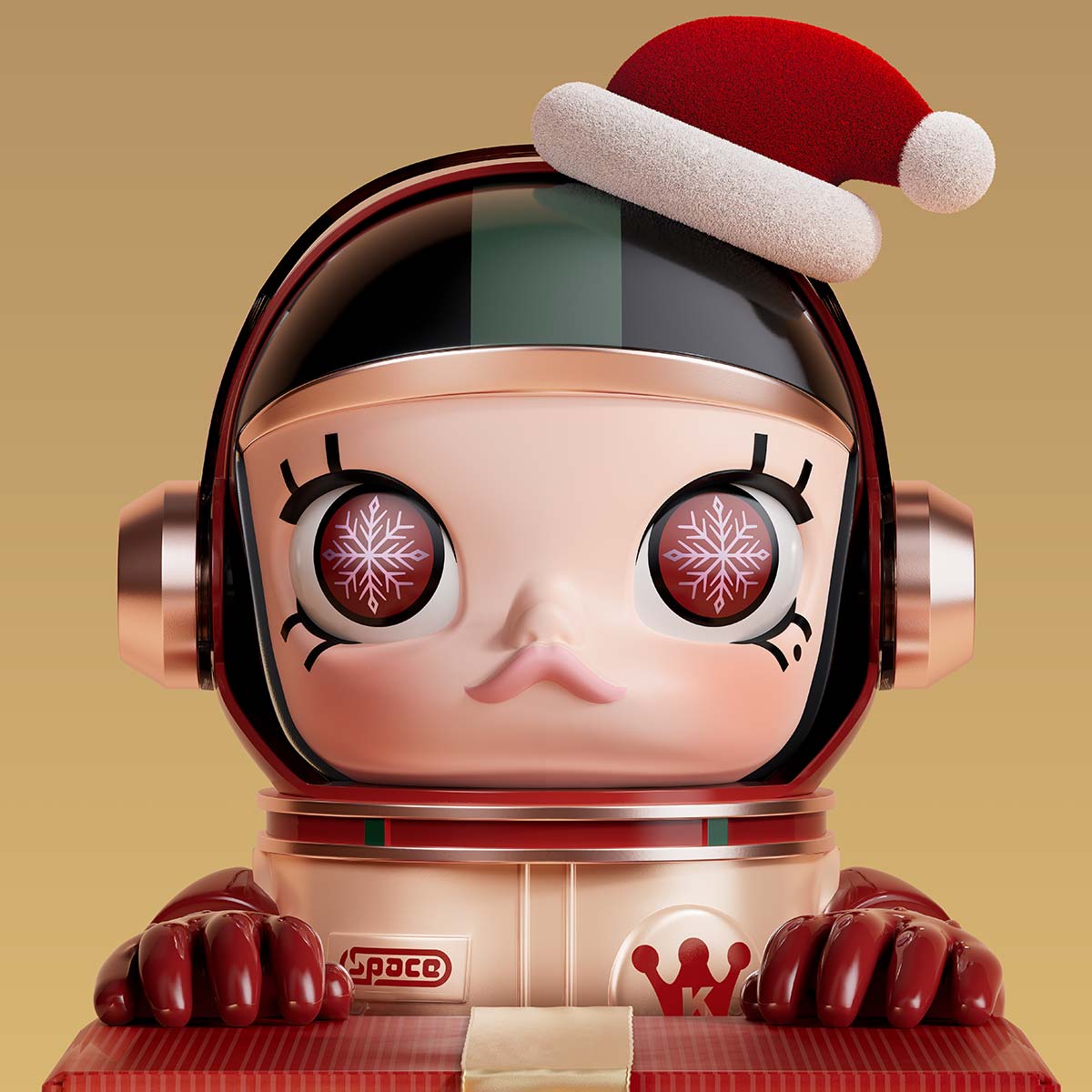 MEGA SPACE MOLLY 400% Christmas 2024 toy figure with Santa hat on beige background