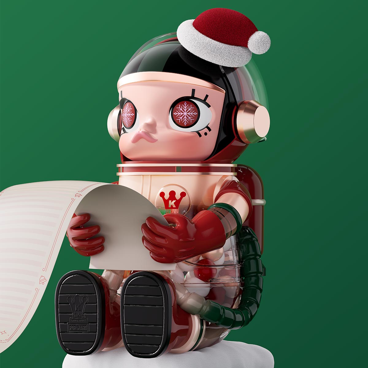 MEGA SPACE MOLLY 400% Christmas 2024 toy robot with Santa hat holding paper on green background