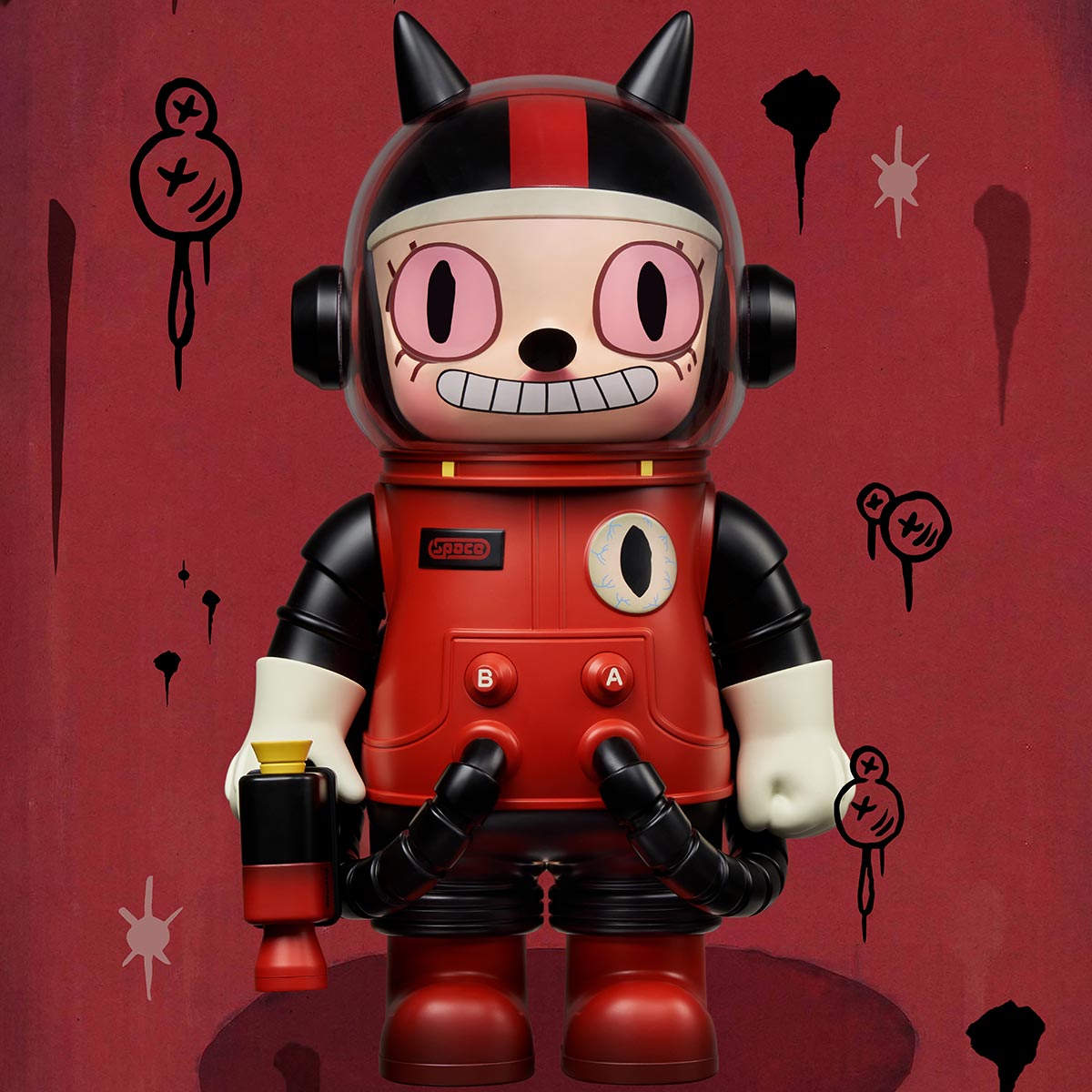 MEGA SPACE MOLLY 400% Gary Baseman toy figure with red and black design on red background