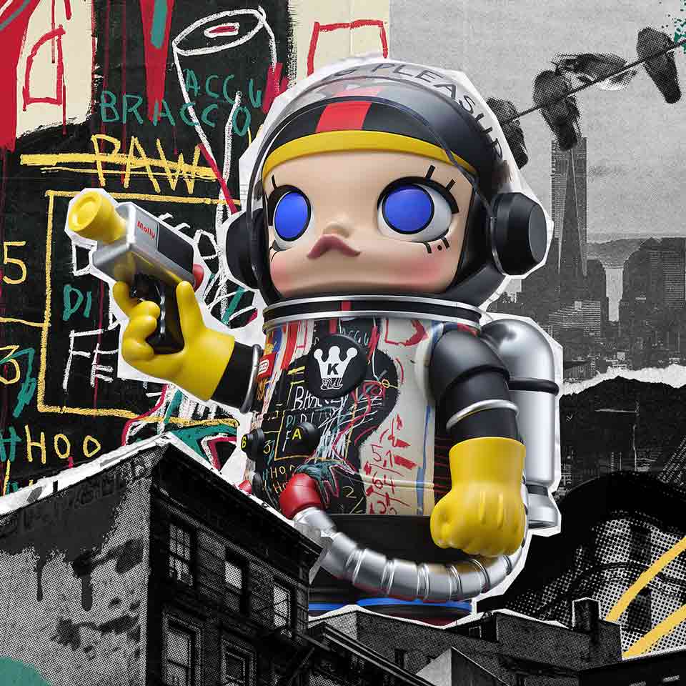 Pop Mart MEGA SPACE MOLLY 400% Jean-Michel Basquiat astronaut figure with colorful graffiti-inspired background
