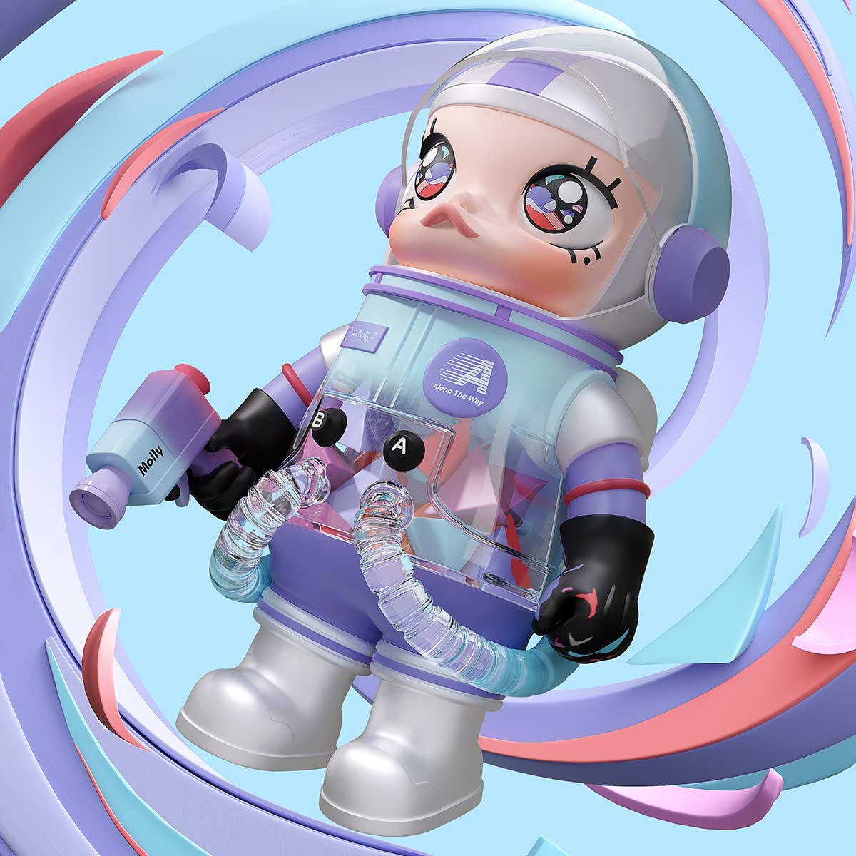 MEGA SPACE MOLLY 400% Louis De Guzman astronaut figure with colorful abstract background