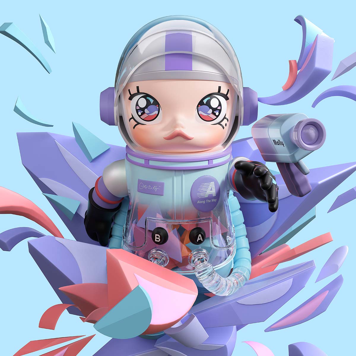 MEGA SPACE MOLLY 400% Louis De Guzman toy figure with geometric shapes on a light blue background