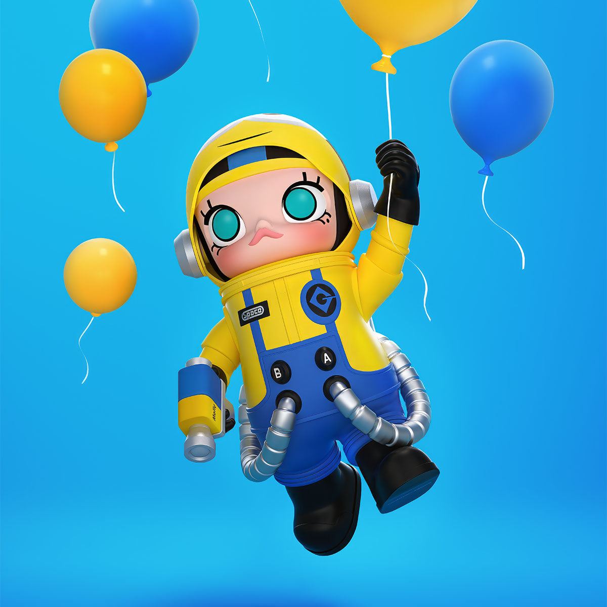 MEGA SPACE MOLLY 400% Minions astronaut figure in yellow and blue space suit with balloons on blue background
