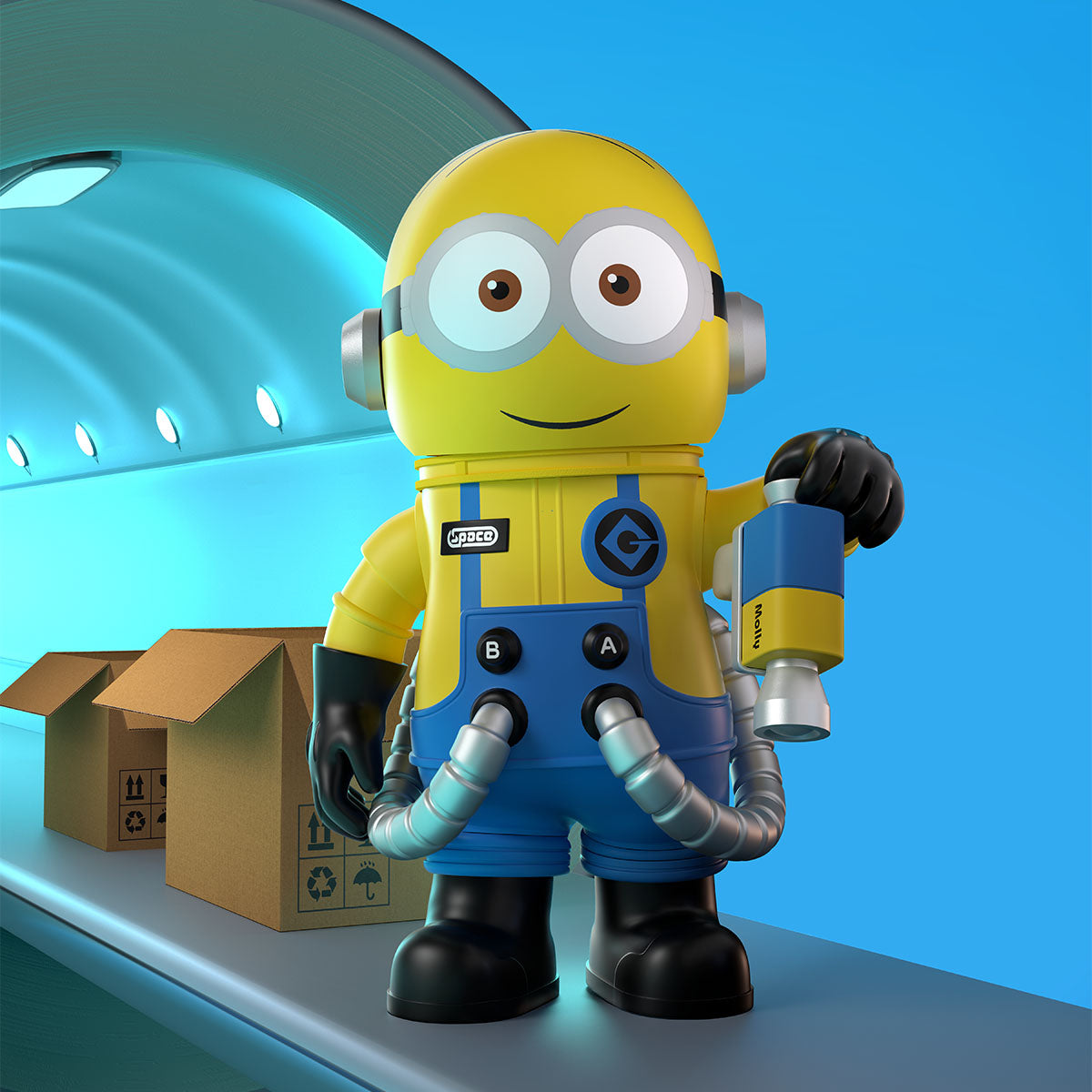MEGA SPACE MOLLY 400% Minions toy figure in robot costume with mask on blue background