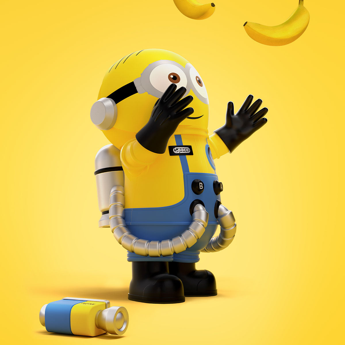 MEGA SPACE MOLLY 400% Minions figure in robot suit with mask on yellow background