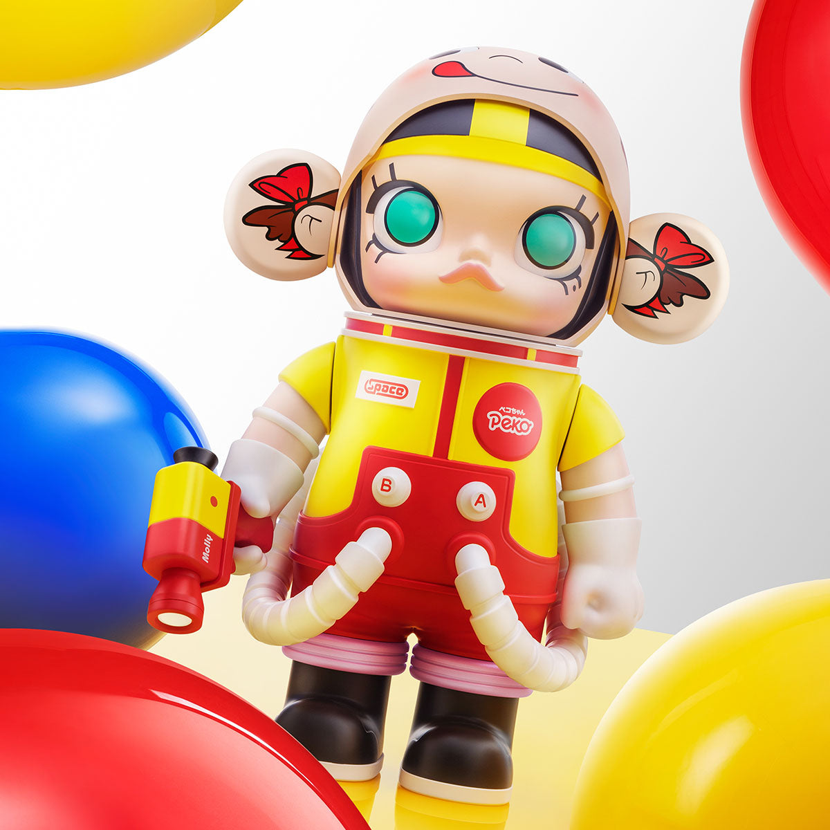 Pop Mart MEGA SPACE MOLLY 400% PEKO toy figure in yellow and red outfit with balloons in the background