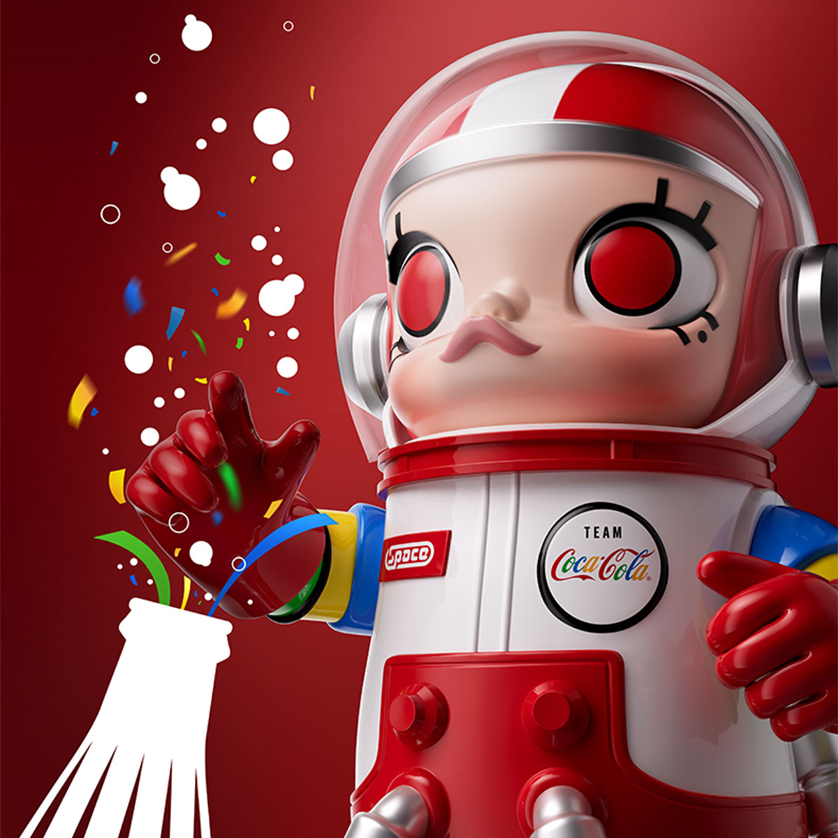 MEGA SPACE MOLLY 400% TEAM COCA-COLA astronaut toy in red and white suit with colorful accents on red background
