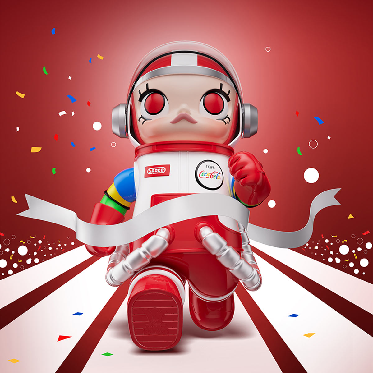 MEGA SPACE MOLLY 400% TEAM COCA-COLA astronaut figure in red and white suit on red confetti background