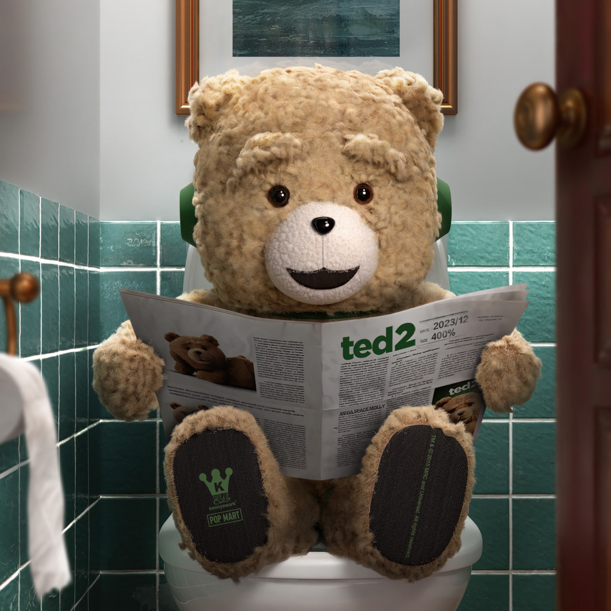MEGA SPACE MOLLY 400% Ted 2 teddy bear reading a Ted 2 newspaper in a bathroom scene