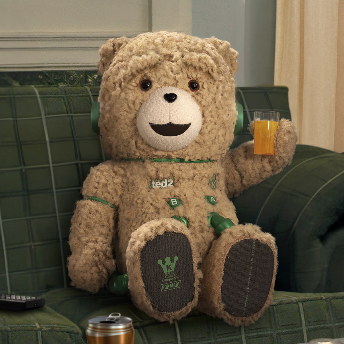 MEGA SPACE MOLLY 400% Ted 2 teddy bear figure with a glass of juice relaxing on a green couch