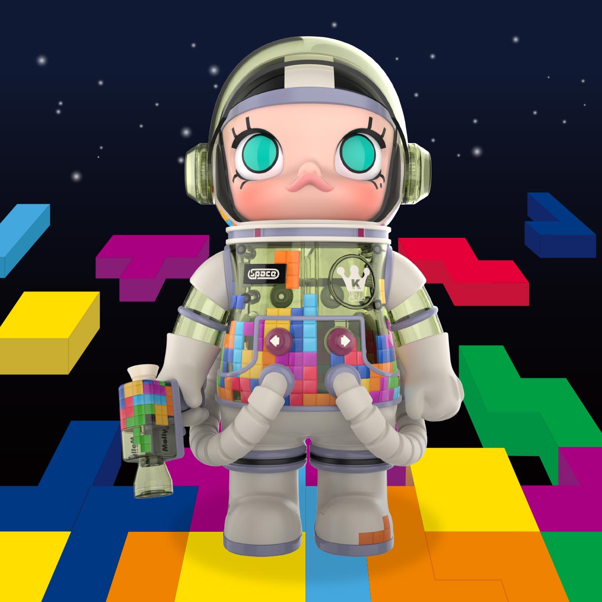 MEGA SPACE MOLLY 400% TETRIS collectible figure with colorful block pattern inspired by the classic video game