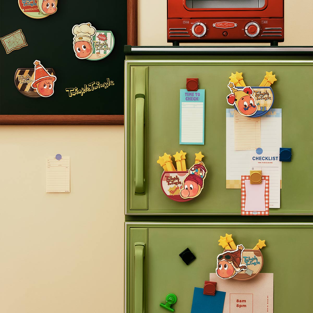 Pop Mart Twinkle Twinkle Be a Little Star Series clips displayed on fridge and tableau